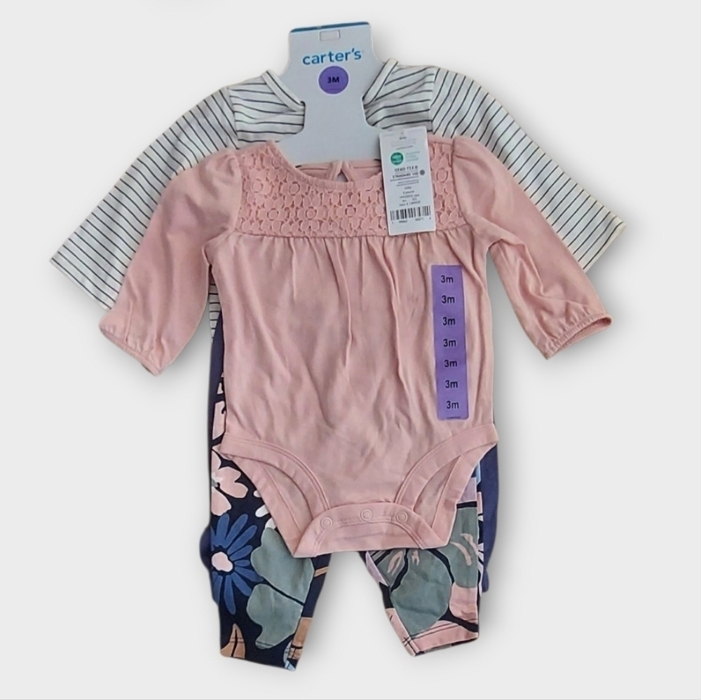 NWT Carter's Baby Girl 4 PC Outfit Pant Set - Pink and Navy ~sz 3M - Picture 1 of 5